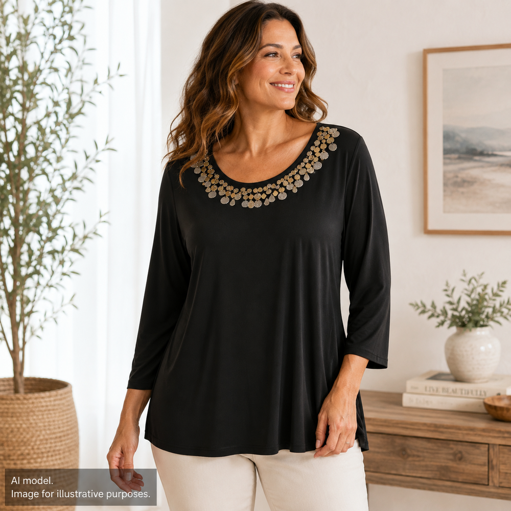 Chicos Travelers Shirt 2 Women L Black Stamped Metal Silky Slinky Liquid Knit